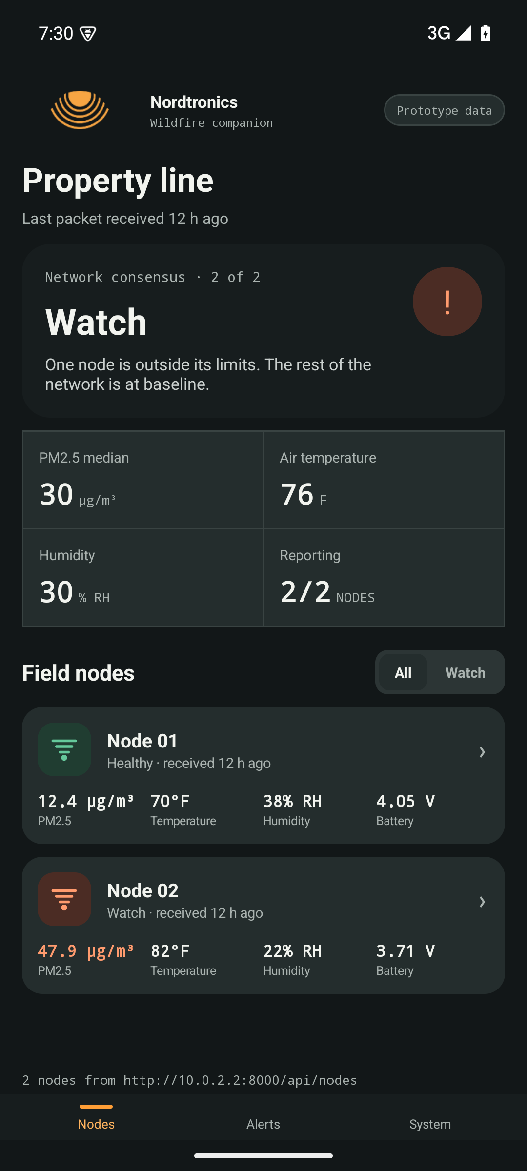 Nordtronics companion app — node list screen showing sensor nodes with signal strength and battery